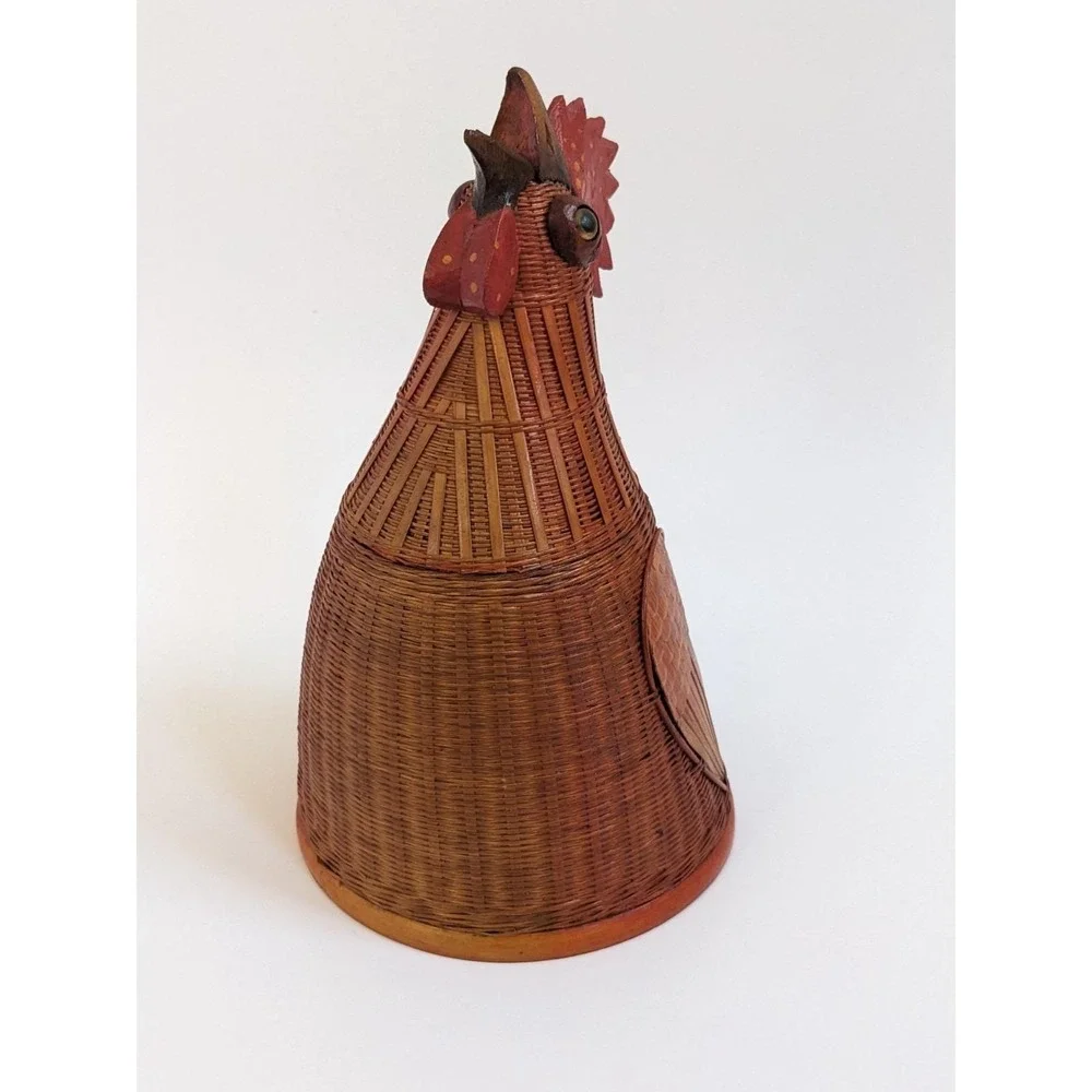 Vintage Shanghai Handicrafts Woven Wicker Rooster Lidded‎ Basket Hen Figural 9
